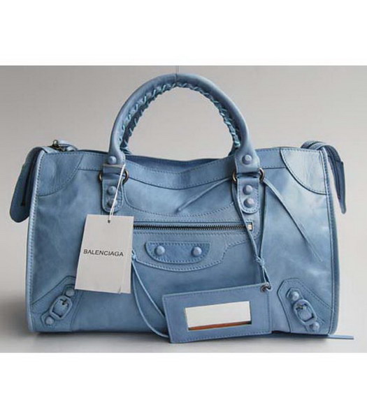 Balenciaga Giant City Light Blue borsa piccolo chiodo in pelle